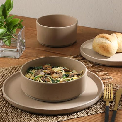 Gibson Elite Tatum Premium Porcelain Matte Reactive Glaze 16-Piece (Service for 4) Plates and Bolws Stackable Dishes Ceramic Dinnerware - Blush Pink/Taupe - color: Earthstone Taupe (Tatum)