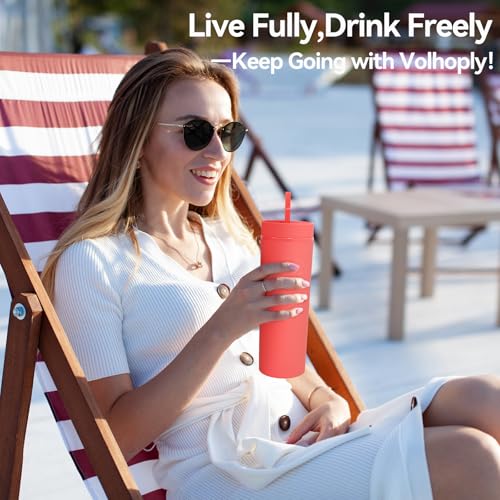 Volhoply 20oz Tumbler with Lid and Straw 8 Pack,Double Wall Plastic Skinny Tumblers Bulk,Reusable Travel Cute Coffee Mug,BPA Free Matte Acrylic Water Cups with Straw for Party,DIY Gifts(Red, 8 Set) - color: Red