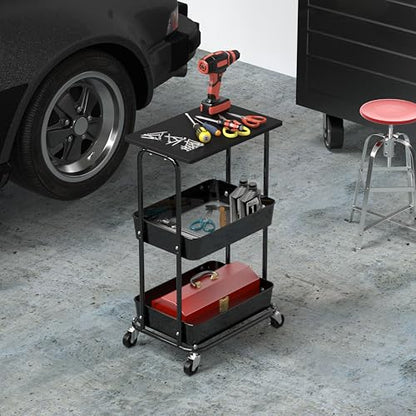 Simple Houseware 2-Tier Rolling Utility Cart Wood Top/Lockable Wheel, Black - color: Black