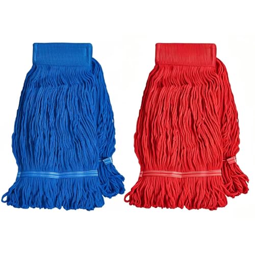 2 Pack Commercial String Mop Head Refill – Heavy Duty Loop-End Cotton Mop Head for Wet/Dry Cleaning, Fits Most Side-Loading Handles, Industrial & Home Use (Blue & Red)