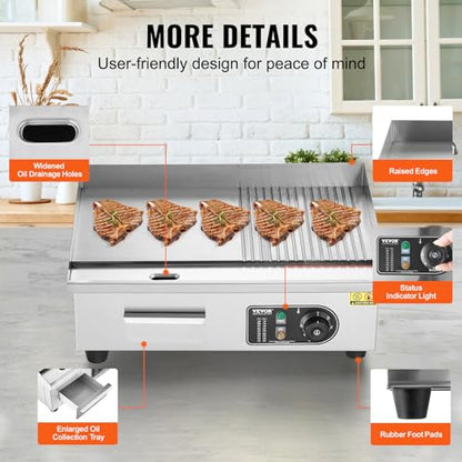 VEVOR Commercial Electric Griddle, Countertop 22" Half Flat Top Griddle - size: 21.4"