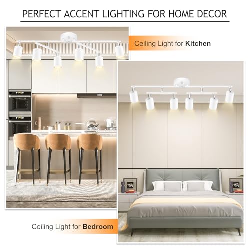 BoostArea 6 Light Track Lighting Kit, White 6 Way Ceiling Spot Lighting, Center Swivel Track Light Heads, Flexibly Rotatable Light Head for Kitchen, Living Room, Bedroom, GU10 Bulb Not Included - color: Rotatable-6 Light-white