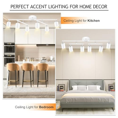 BoostArea 6 Light Track Lighting Kit, White 6 Way Ceiling Spot Lighting, Center Swivel Track Light Heads, Flexibly Rotatable Light Head for Kitchen, Living Room, Bedroom, GU10 Bulb Not Included - color: Rotatable-6 Light-white