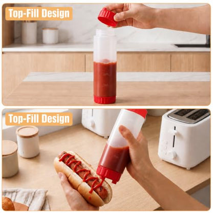 Grevosea 2 Pcs 16 oz Inverted Squeeze Bottles, Valve Condiment Dispenser - color: Red, size: 16 Ounces