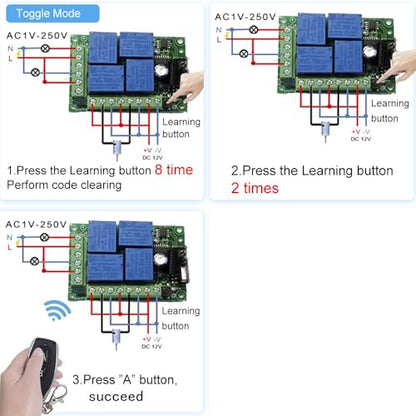 QIACHIP Universal 12V 4CH Wireless Relay Remote Module Switch RF 433Mhz with Remote Control Key Fob 2 Transmitters 1 Receiver for Light Garage Door Electric Gate,Momentary Toggle Latched(KR1204) - color: KR1204+2KT06（DC 12V 4-CH）