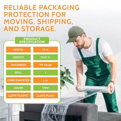 PSBM Blown Stretch Film/Wrap, 1 Roll 12 Inch x 1500 Feet 90 Gauge Heavy Duty up to 800% Ultimate Stretch Clear Plastic Wrap Industrial Strength Shrink Film for Moving, Packing & Shipping - size: 1 Pack, style: 90 Gauge