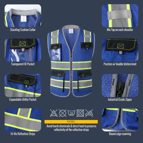 JKSafety Safety Vest for Men Women Hi Vis with Pockets and Cushioned Collar Construction Vest Meet ANSI Standard (BX360) - color: Blue, size: Large