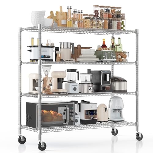Homdox Heavy Duty Metal Shelves for Storage, 4 Tier Storage Racks and Shelving, Commercial Adjustable Wire Shelving Unit on Wheels, Garage Rack Pantry Shelves Kitchen Shelving, 18"x48"x72", Chrome - color: Chrome, size: 18"Dx 48"Wx 72"H, 4 Tier