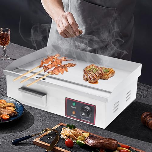 Commercial Electric Griddle, 21"x12" Teppanyaki Grill 1600W Electric Flat Top Heavy Duty Grill, 122-572°F Stainless Steel Countertop Griddle w/Drip Hole & Non-Stick Cooking Plate for Restaurant use
