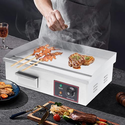 Commercial Electric Griddle, 21"x12" Teppanyaki Grill 1600W Electric Flat Top Heavy Duty Grill, 122-572°F Stainless Steel Countertop Griddle w/Drip Hole & Non-Stick Cooking Plate for Restaurant use