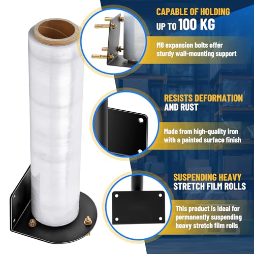 Wall Mountable Stretch Film Roll Stand, Fits up to 20" Stretch Film, Shrink Wrap Dispenser Holder Bracket with 7 Screws for Industry Manufacturing Logistics Retail, Shrink Wrap Not Included