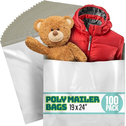Poly Mailers 19x24 Inch - 100 Pack - Large Shipping Bags for Clothing & Packages, Strong Adhesive Sealing Mailing Envelopes for Small Business, White - size: 19x24" 100 Pack (White)