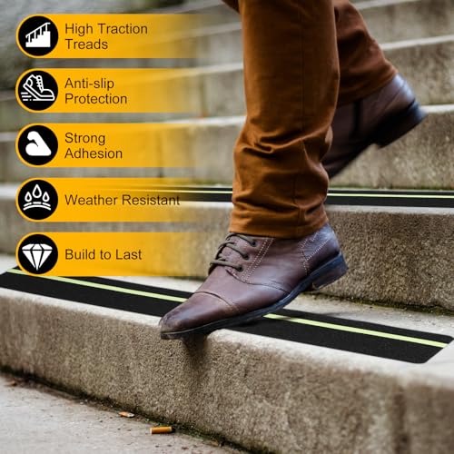 HARFINGTON 10Pcs Outdoor Stair Treads 6"x32" Non-Slip Step Strips Grip Tape - color: Green-Black, size: 6" x 32",0.47"