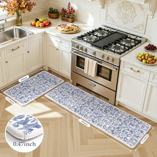LEEVAN Anti Fatigue Kitchen Mats for Floor, Cushioned Kitchen Mat Set 2PCS - color: Blue, size: 17.3"x29"+17.3"x59"-0.47inch