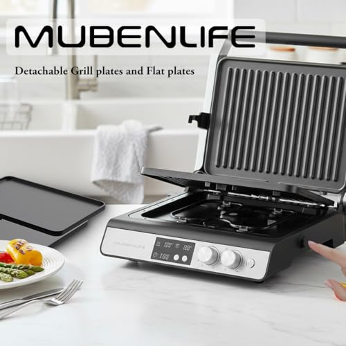 Panini Press,4 Slices Contact Grill with Removable Non-Stick Coated Grill and Flat Plates,Panini Makers with Temperature Control and Timer,Open 180 Degrees,Grill and Griddle (Silver with digital) - color: Silver with digital
