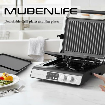 Panini Press,4 Slices Contact Grill with Removable Non-Stick Coated Grill and Flat Plates,Panini Makers with Temperature Control and Timer,Open 180 Degrees,Grill and Griddle (Silver with digital) - color: Silver with digital