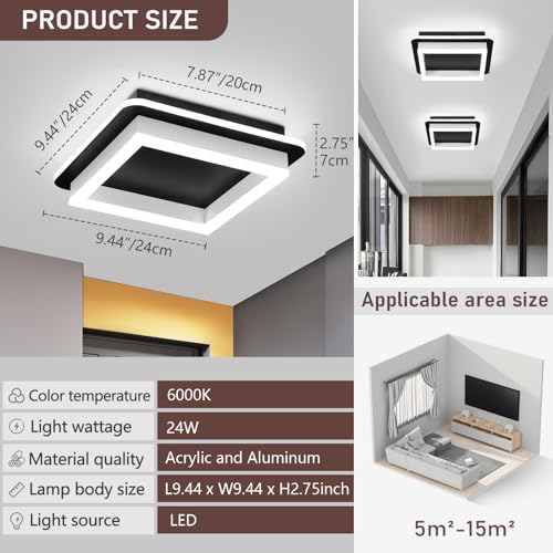 CANEOE Black Led Hallway Light Fixtures 6000K Cold White LED Modern Ceiling Light Fixtures Acrylic Square Flush Mount Ceiling Lamp for Bedroom Kitchen Bathroom Hallway Ceilings Lighting - color: Black&White, size: 1 Pack