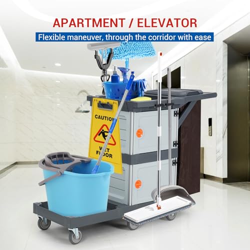 3 Tier Janitorial Cart,Commercial Cleaning Cart on Wheels with 2 Cabinet,Open Shelves & Oxford Bag,Housekeeping Cleaning Caddy Service Carts for Home Office School Hotel