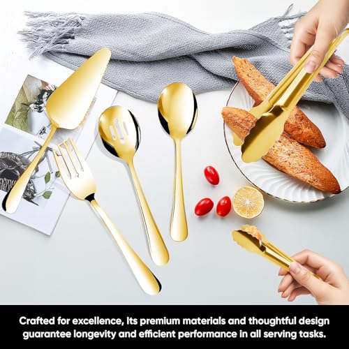 14PCS Serving Utensils - Hostess Serving Utensils Set, Premium Stainless Steel 8.7 inch Serving Utensils, Slotted Spoons, Fork, Tongs, Cake Pie Server for Buffet, Wedding, Dinner (Gold) - color: Gold