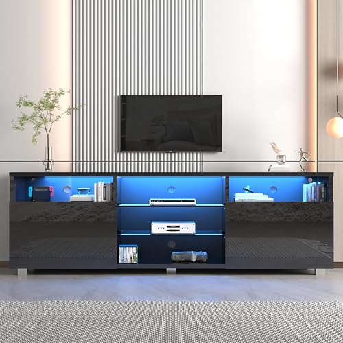 St.Mandyu LED TV Stand for 75/80 inch TV, Modern Television Table Center Media Console with Drawer and Led Lights, High Glossy Entertainment Center for Living Game Room Bedroom(Black) - color: Black, size: TV Stand for 75/80 inch TV