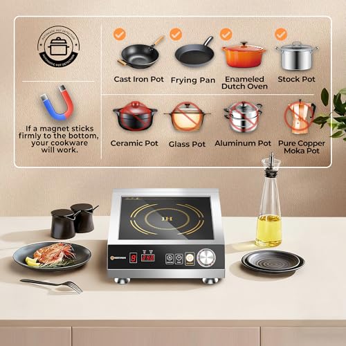 3500W Commercial Induction Cooktop, 220V Plug, Professional Heavy-Duty Portable Burner, 45s Fast Boil, 72H Continuous Use, Dual Fans, IPX4 Waterproof for Restaurants, Food Trucks, Catering