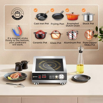 3500W Commercial Induction Cooktop, 220V Plug, Professional Heavy-Duty Portable Burner, 45s Fast Boil, 72H Continuous Use, Dual Fans, IPX4 Waterproof for Restaurants, Food Trucks, Catering