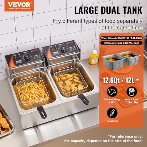 VEVOR Commercial Deep Fryer, Dual Tank 3000W Electric Countertop Fryer with Basket, 2 x 9.1Qt/8.6L Double Stainless Steel Oil Fryer, with Temp Control & Overheat Protection, for Kitchen Restaurant Use - size: Double Fryer, style: Deep Fryer