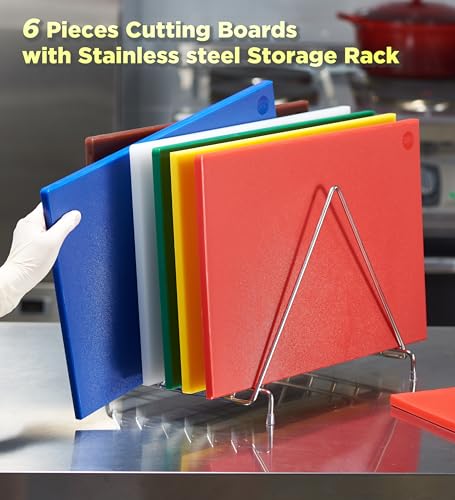 CURTA 6-Piece NSF 18" x 12" x 1/2" Multi-Colored Flexible Cutting Board Kit with Stainless steel Storage Rack, Color Coded Plastic Chopping Board with Anti Slip Surface Dishwasher Safe - color: 6-Color Set with Rack, size: 18 x 12 IN