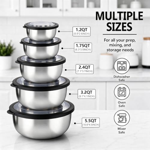 E-far Mixing Bowls with Lids Set of 5, Stainless Steel Nesting Salad Bowls - color: Black
