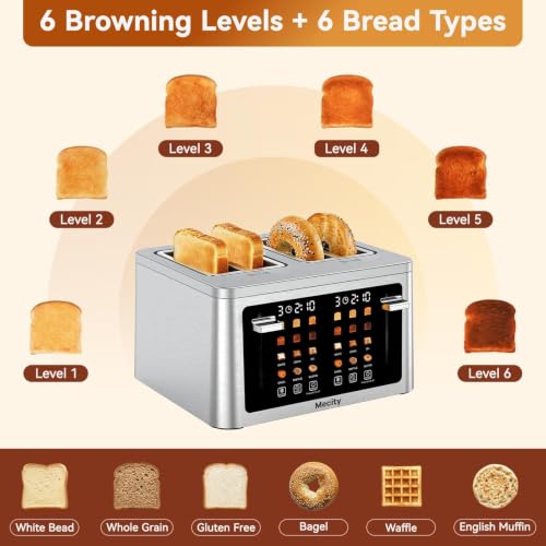 Mecity 4 Slice Touchscreen Toaster, 6 Bread Modes & 6 Browning Levels, Dual Touch Control Wide Slot Stainless Steel Electric Toaster with Memory, Defrost, 3-Min Auto Shutoff for White, Bagels, Waffles - color: 4 Slot-Brushed stainless steel