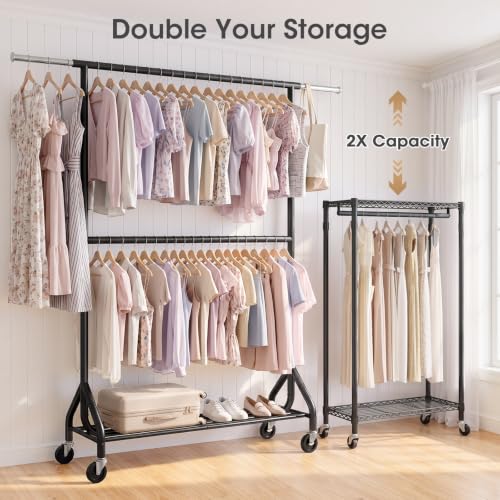 EAGMAK 622 LBS Double Rod Clothing Rack with Wheels Heavy Duty, Black - color: Black, size: 43.3"×18.9"×74.8"( Wheels)