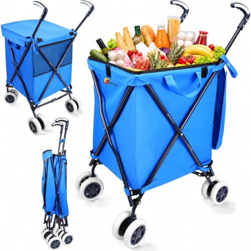 Wellmax Folding Shopping Cart with Canvas Bag & Cover, Holds 120 lb, Blue - color: Blue