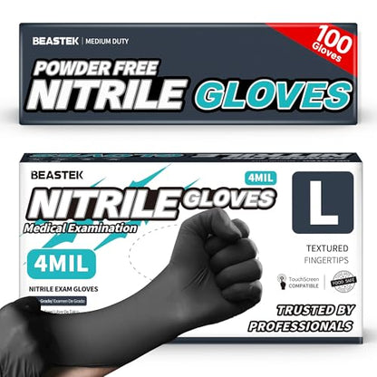 BEASTEK Black Nitrile Disposable Gloves, 4.0 Soft+™ Powder-Free 100 &1000CT - color: 100 Black (Large)