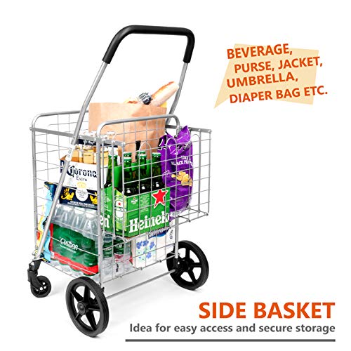 Grocery Utility Shopping Cart - Deluxe Folding Cart with Double Basket and 360° Rolling Swivel Wheels 66 lbs Utility Cart with Wide Cushion Handle Bar for Grocery Laundry Book Luggage Travel - size: Medium