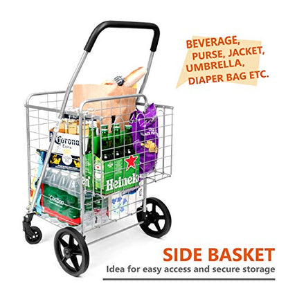 Grocery Utility Shopping Cart - Deluxe Folding Cart with Double Basket and 360° Rolling Swivel Wheels 66 lbs Utility Cart with Wide Cushion Handle Bar for Grocery Laundry Book Luggage Travel - size: Medium