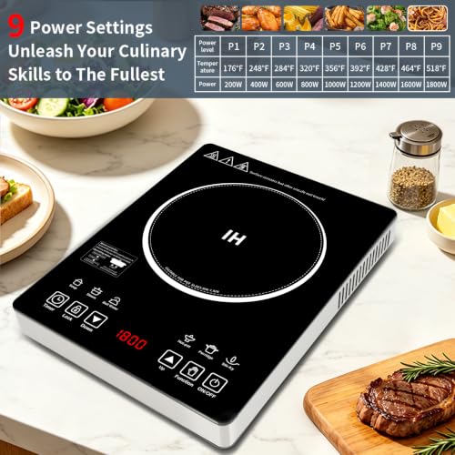 Single Burner Induction Cooktop,Hot Plate with 6 Cooking Modes, portable cooktop with LCD touch control,9 Levels &3H Timer,1800W 110V Portable induction Cooktop - size: single burner induction cooktop
