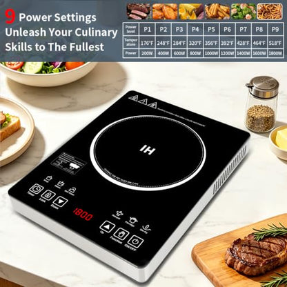Single Burner Induction Cooktop,Hot Plate with 6 Cooking Modes, portable cooktop with LCD touch control,9 Levels &3H Timer,1800W 110V Portable induction Cooktop - size: single burner induction cooktop