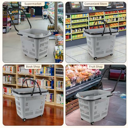 50 L Plastic Rolling Shopping Basket with Handles, 4 PCS