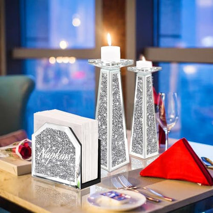 Wocred Mirror Napkin Holder,Crystal Crushed Diamond Vertical Holder,Cute Tissue Holder Holds Napkins Upright for Bathroom，Dining Table，Kitchen Table.(5.9”X5.9”X3”) - size: 6x3x5.9 inch