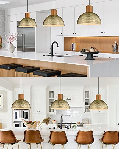 ELYONA Vintage Pendant Light Fixtures, 12” Brushed Brass Hammered Metal & Rubber Wood Industrial Dome Hanging Lamp, Antique Gold Kitchen Pendant Light for Island, Farmhouse, Sink, Dining Room, Hallway - color: Brass - 1 Pack