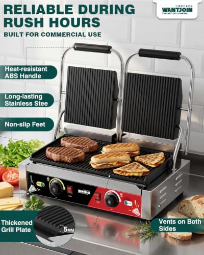 WantJoin Commercial Panini Press Sandwich Panini Maker - 3600W Fast Top & Bottom Heating, 19" x 9" Double Grooved Plates, Dual Temp Control, Sandwich Maker for Restaurant Food Truck
