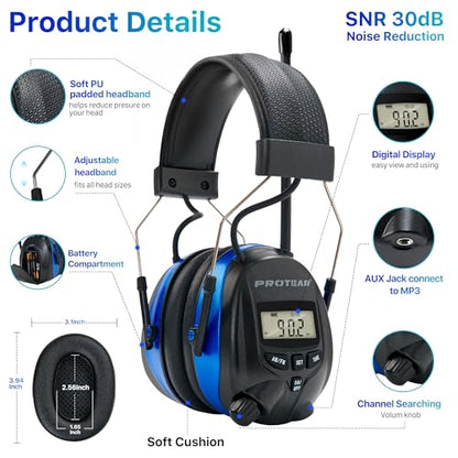 AM/FM Radio Headphones 25dB NRR,Noise Reduction Safety Earmuffs,Digital Display Headset,Powered by AA Battery,Hearing Protection for Walkman Mowing Lawn Work,Blue - color: Blue