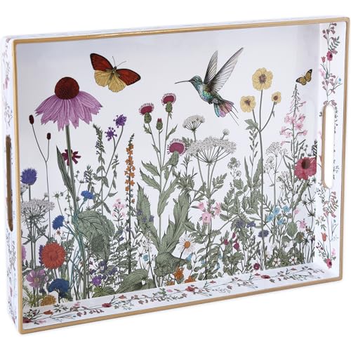 Serving Tray with Handles, Rectangular Plastic Tray 15.75x11.81 Inch, Wildflower, Butterflies & Hummingbirds Style Decorative Tray for Kitchen, Dining Table, Vanity, Office & Home - color: Green and Yellow Wildflowers 1 Pc