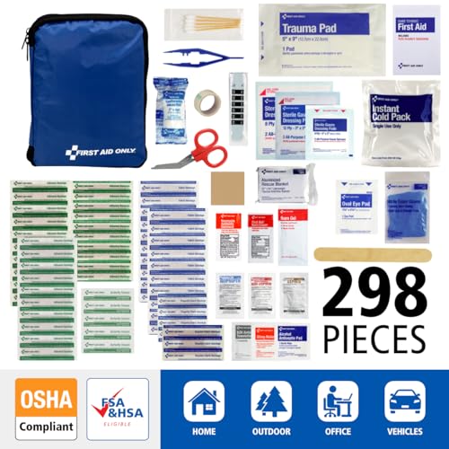First Aid Only 298 Piece All-Purpose Emergency First Aid Kit for Home, Office, Car, Apartment, Dorm, and Camping, Travel-Friendly Compact Pouch Fits in Backpacks, Suitcases, Cabinets, and Drawers - size: 298 pieces