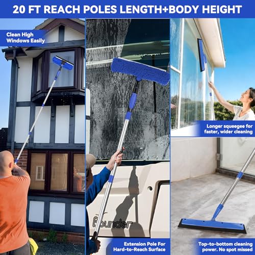 Window Squeegee Tool with Extension Pole: 20+ Feet Microfiber Scrubber Window Cleaning Kit for Rv Truck Bus Car Windshield - 3 to 14 Ft Spliceable Extendable Long Duster for High Outside Solar Panel - color: Blue