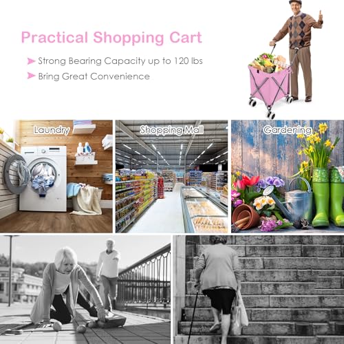 Goplus Folding Shopping Cart with Wheels, Grocery Cart with Removable Oxford Cloth Liner, Lightweight Utility Cart for Groceries Laundry, Pink - color: Pink