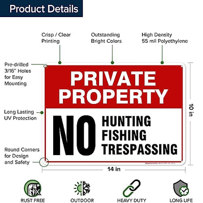 Private Property No Fishing No Hunting No Trespassing Sign, 10x14 Inches, - size: 10x14 - Polyethylene