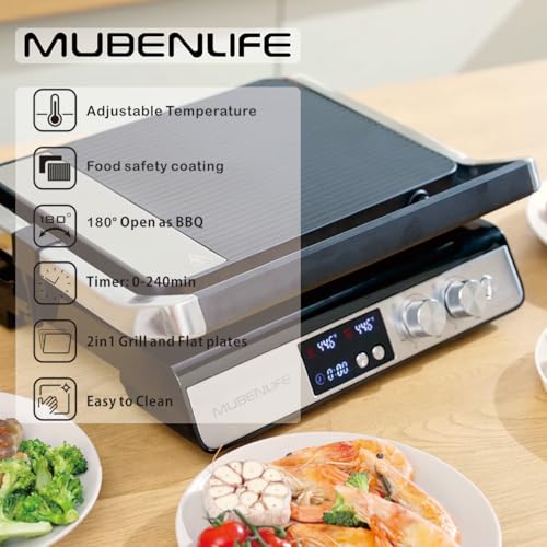 Panini Press,4 Slices Contact Grill with Removable Non-Stick Coated Grill and Flat Plates,Panini Makers with Temperature Control and Timer,Open 180 Degrees,Grill and Griddle (Half black with digital) - color: Half black with digital