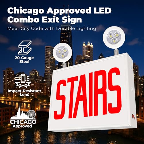 LFI Lights® Chicago Approved Combo Exit Sign with Emergency Lights, UL 924 Listed, (Stairs No Arrow), Red LED, White, Steel Housing, Glass Panel, 120-277VAC Wall, Ceiling or Side Mount, Hardwired with Battery Backup CHCORWBBSTAIRNA - style: STAIRS No Arro