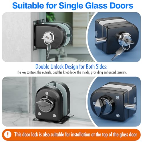 Ranbo No-Drill Glass Door Lock with Key, Lock to Wall or Floor, Dual-Bolt - color: LE-30A Brushed Black
